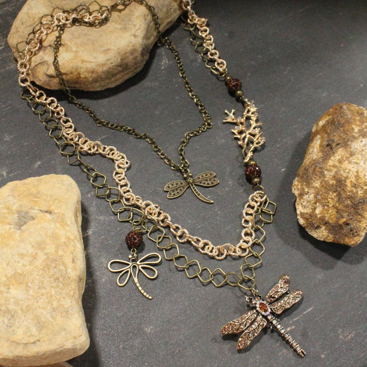 Golden Rod Dragonfly In Flight Layered Necklace
