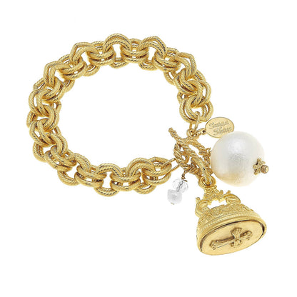 Gold Vintage Cross Charm with Cotton Pearl Bracelet