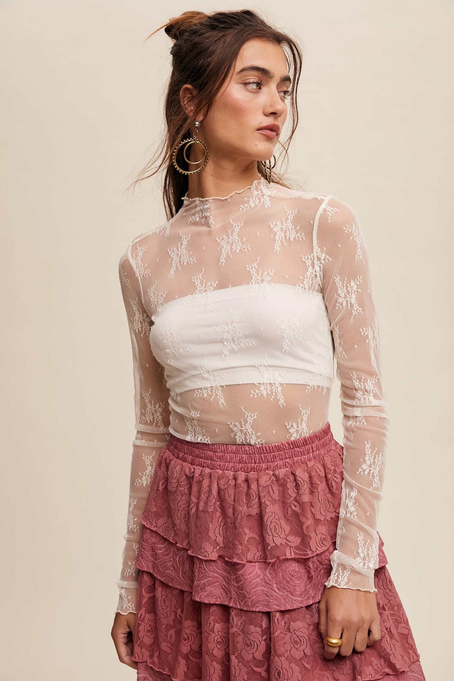 Sheer Lace Long-Sleeve Layering Top