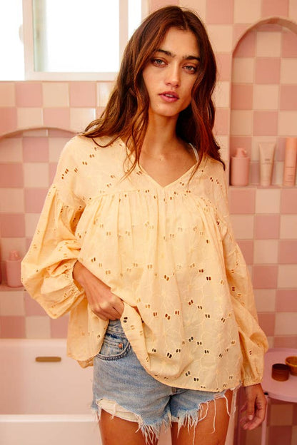 Puff Sleeve Eyelet Lace Babydoll Tunic Top