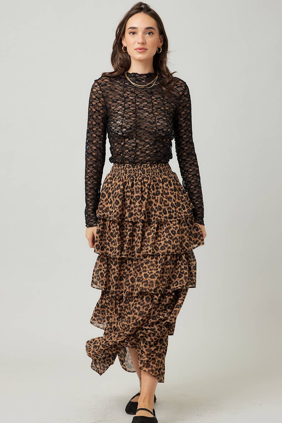 Leopard Print Tiered Ruffle Maxi Skirt