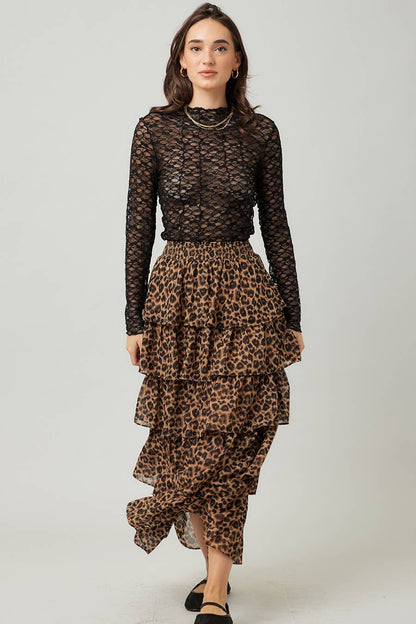 Leopard Print Tiered Ruffle Maxi Skirt