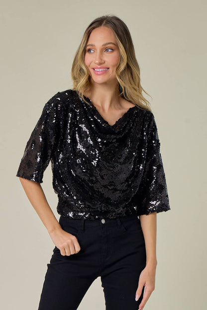 BLACK DROP SHOULDER HOLIDAY SEQUIN TOP