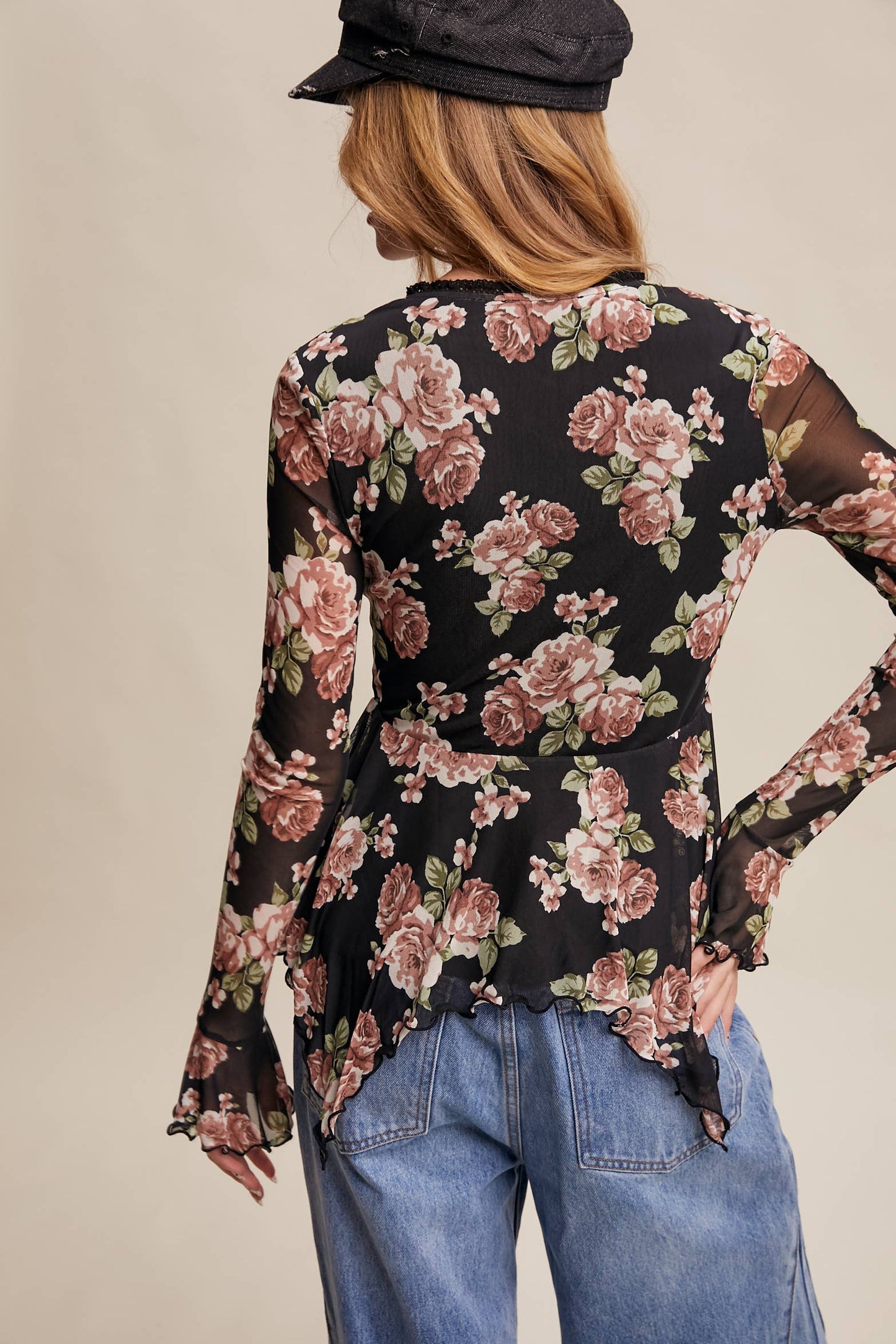 Floral Mesh Handkerchief Blouse