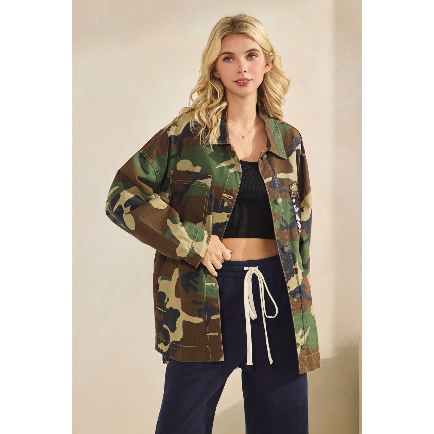 Camo Jacket with Floral Mesh Sequins Contrast