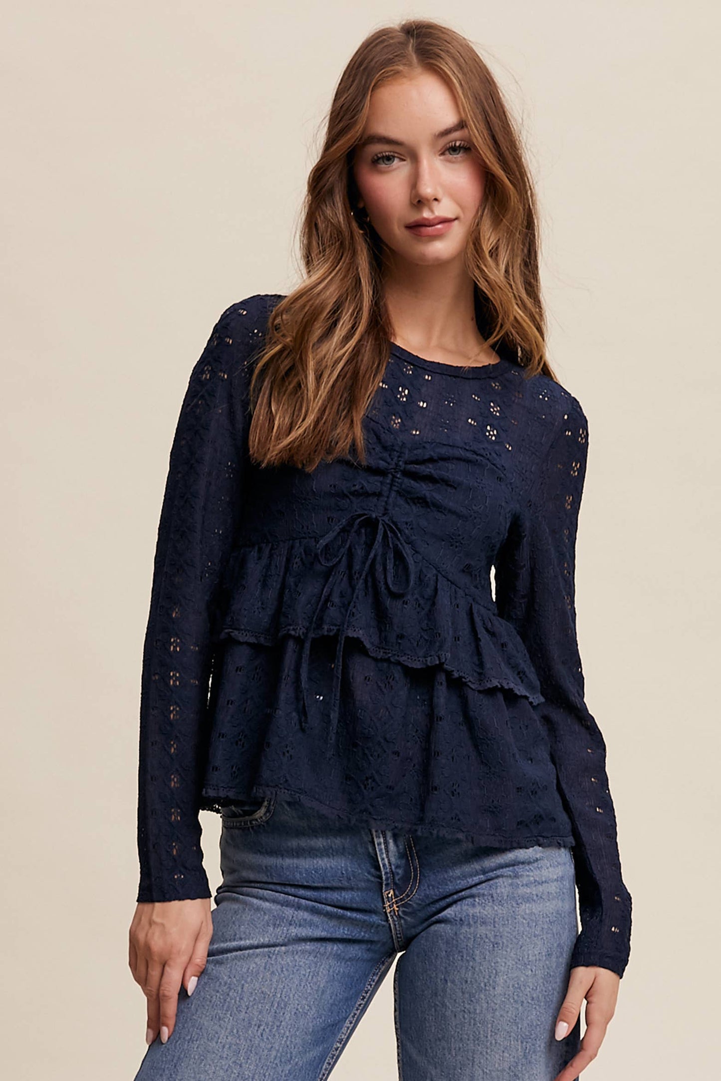 Stretch Lace Tiered Blouse with Drawstring Detail