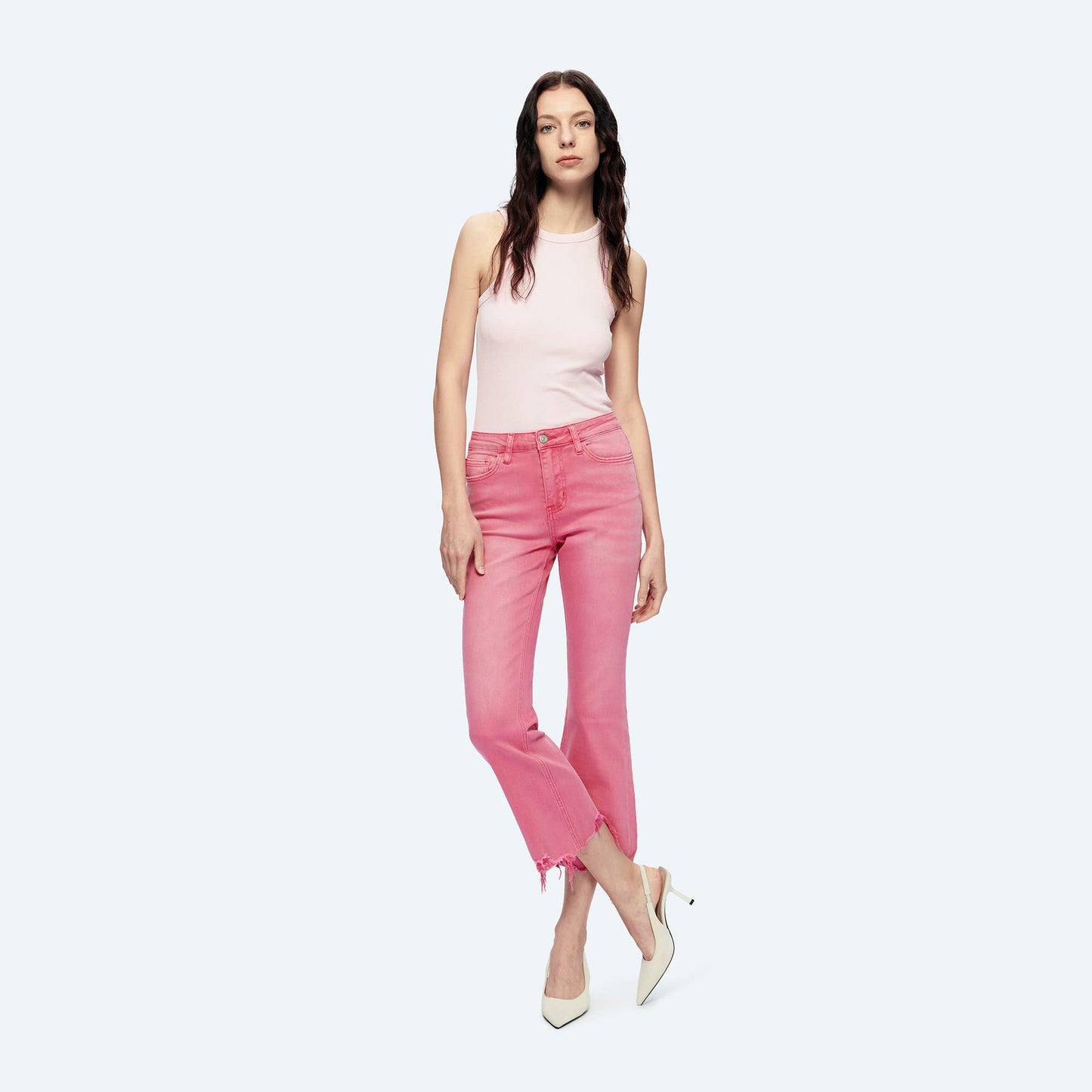 PINK MID RISE CROP FLARE TWILL PANTS WITH FRAYED HEM