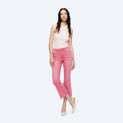 PINK MID RISE CROP FLARE TWILL PANTS WITH FRAYED HEM