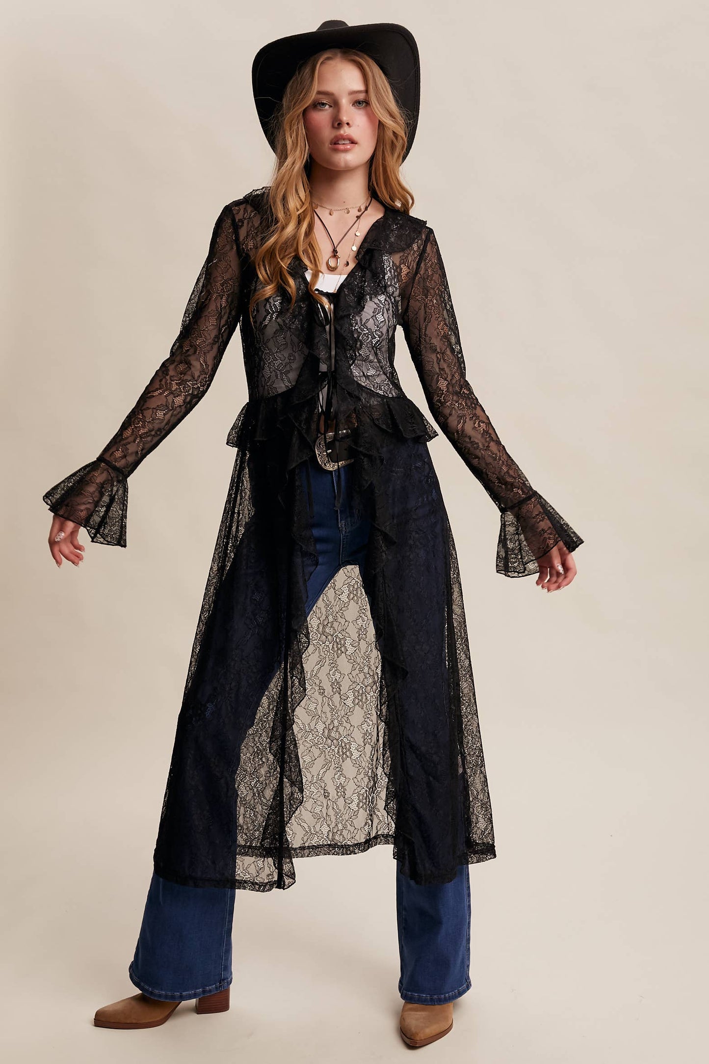 Black Sheer Lace Ruffle Duster