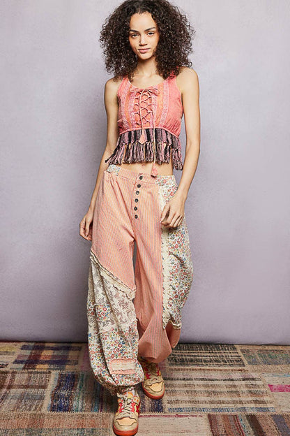 Round Neck Sleeveless Lace Fringe Tassel Textured Woven Top