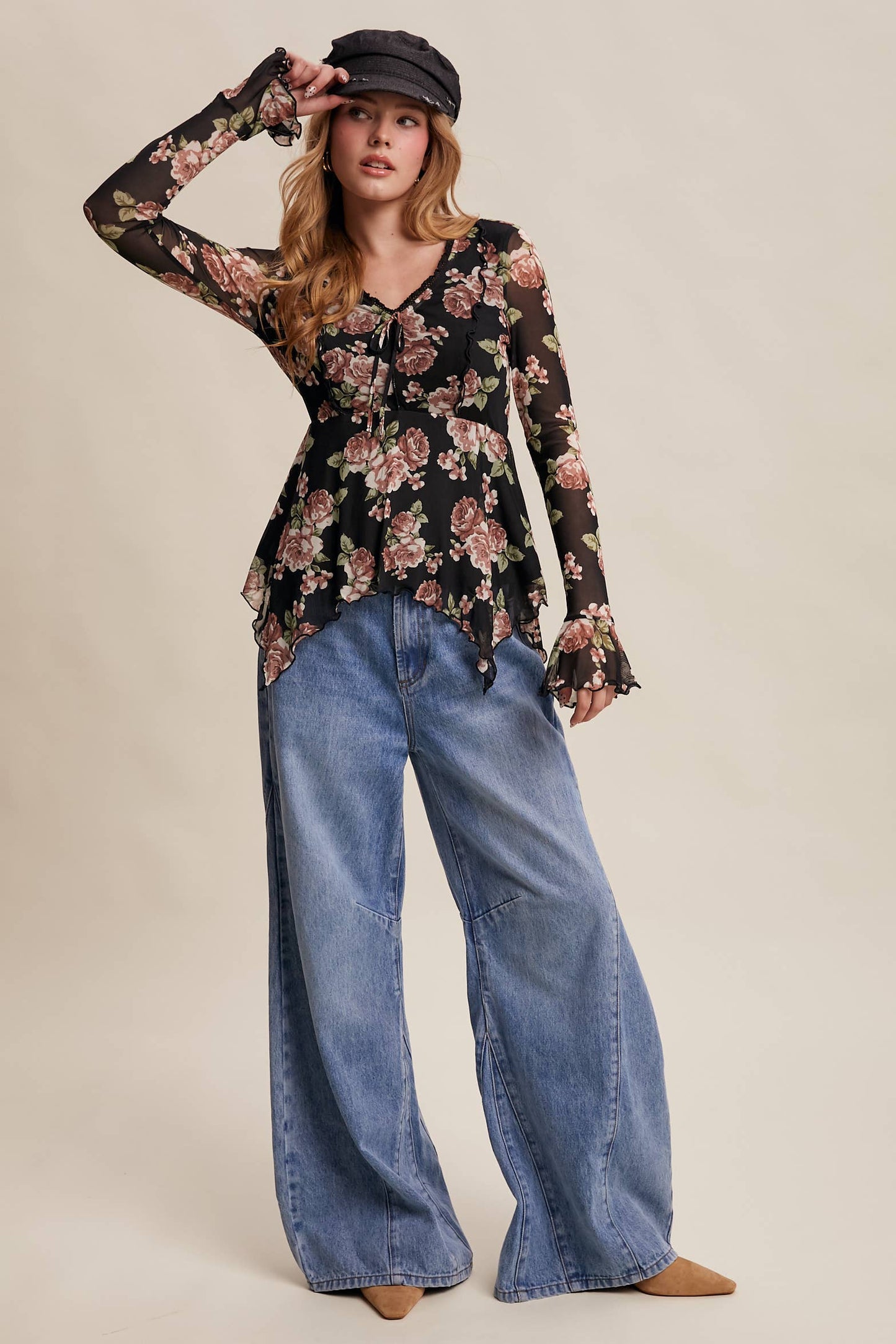 Floral Mesh Handkerchief Blouse