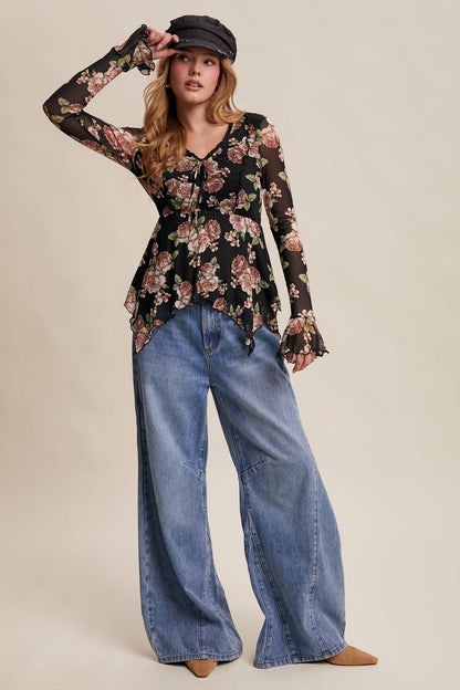 Floral Mesh Handkerchief Blouse