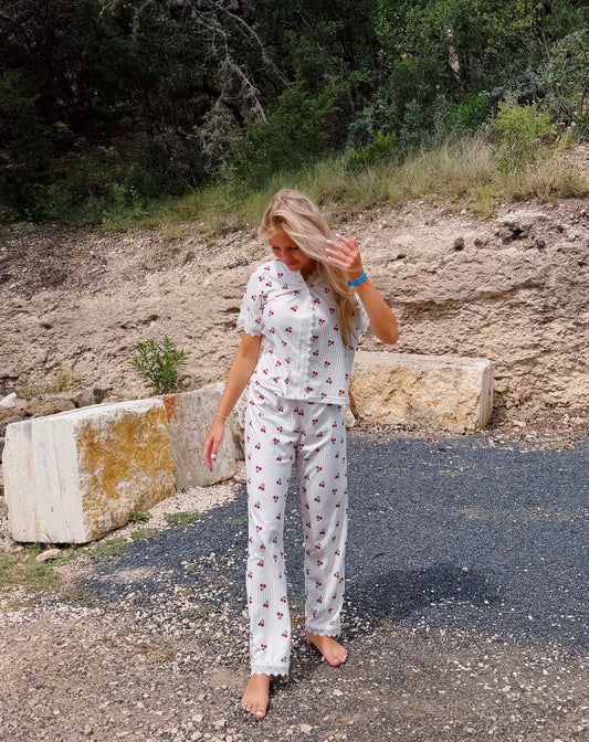 Lace Trim Red Cherry  Lounge Pajama Set