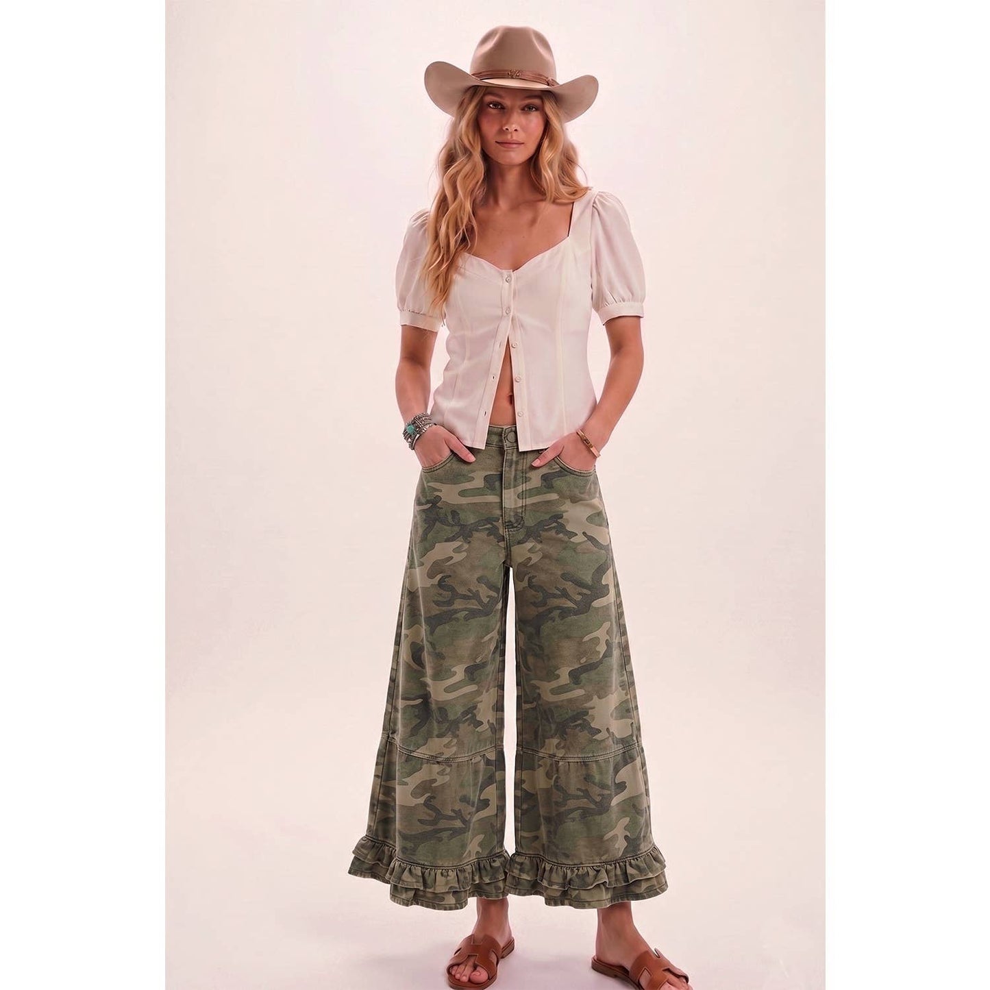 Ruffle Washed Camo Wide Leg Denim