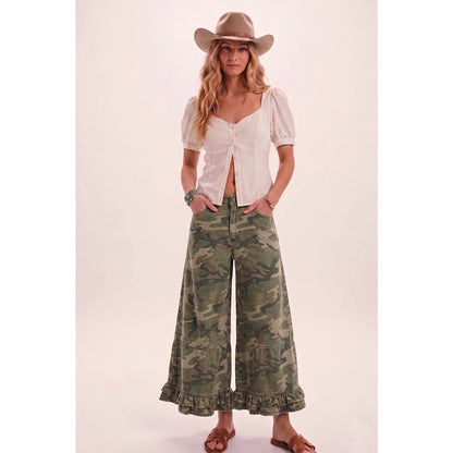 Ruffle Washed Camo Wide Leg Denim