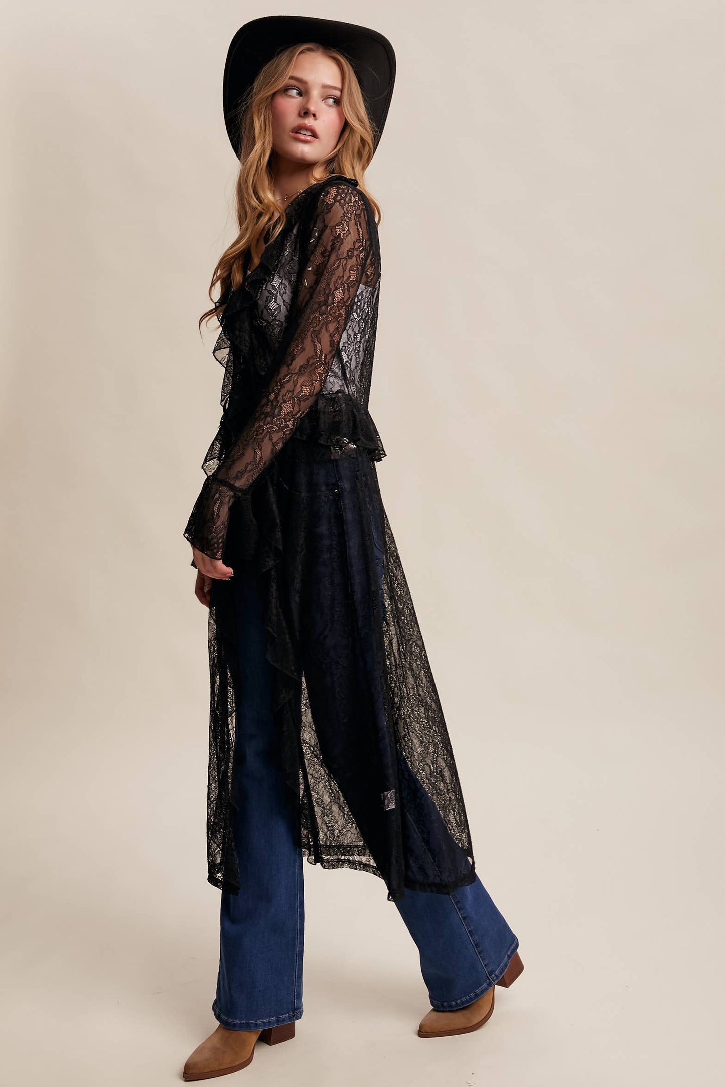 Black Sheer Lace Ruffle Duster