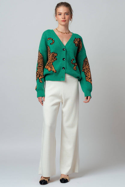 Tiger Jacquard Knit Sweater Cardigan