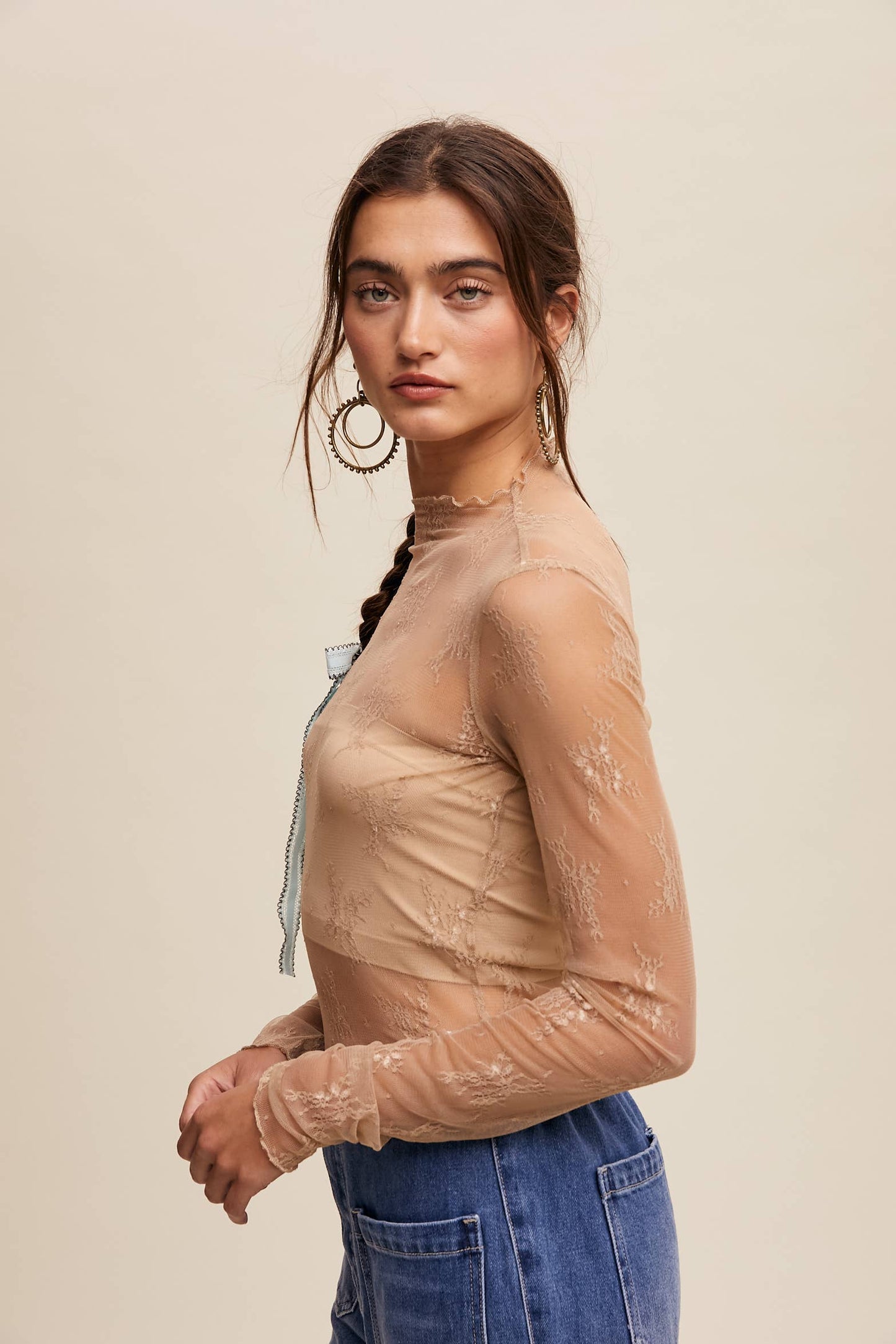 Sheer Lace Long-Sleeve Layering Top