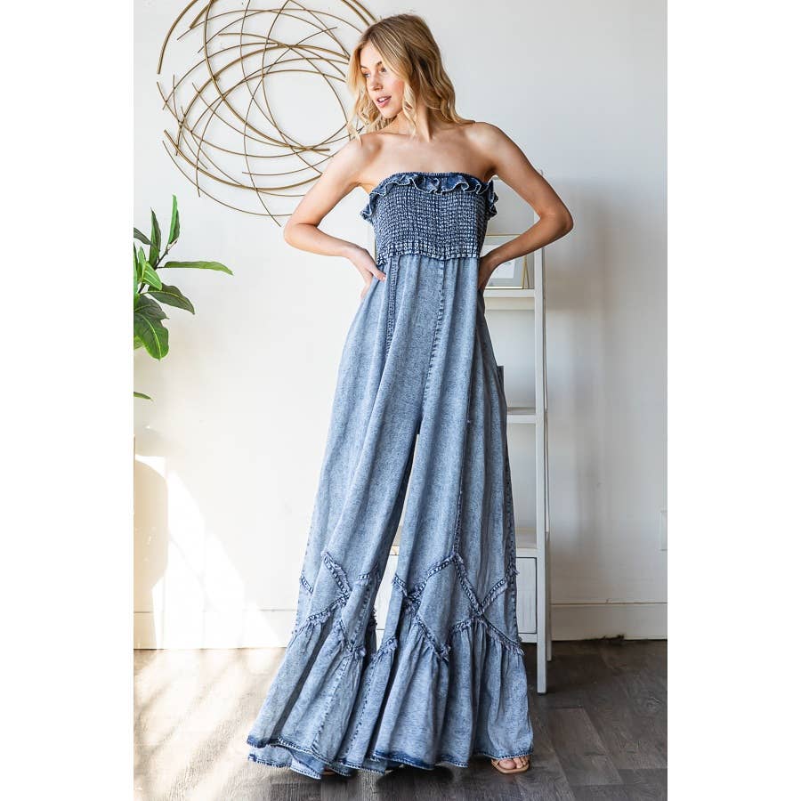 SMOCKED RUFFLE HEM WIDE LEG TENCEL JUMPSUIT