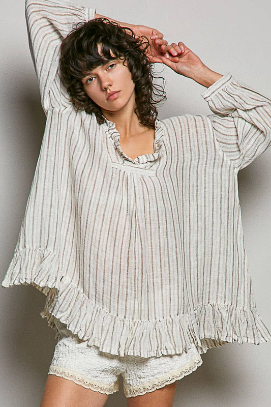 Deep V-Neck Stripe Cotton Ruffle Blouse