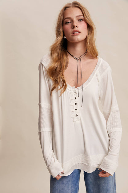 Textured Panel Button Henley Top