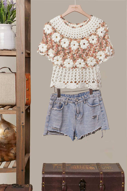 Beige and Pink Round Neck Crochet Knit Top with Floral Patch