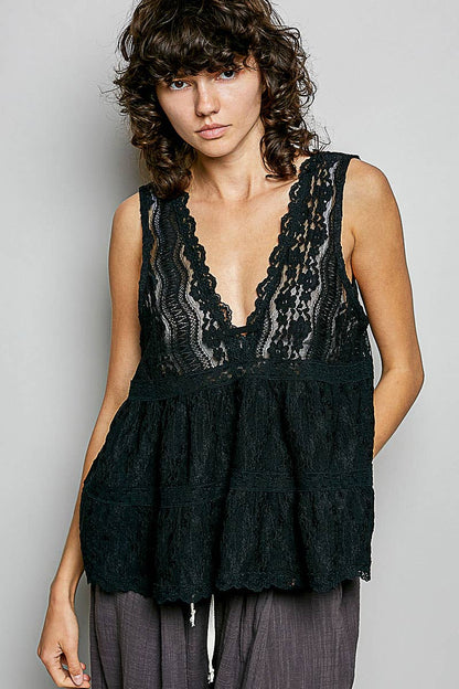 Sleeveless Deep V-neck Lace Trim Knit Top