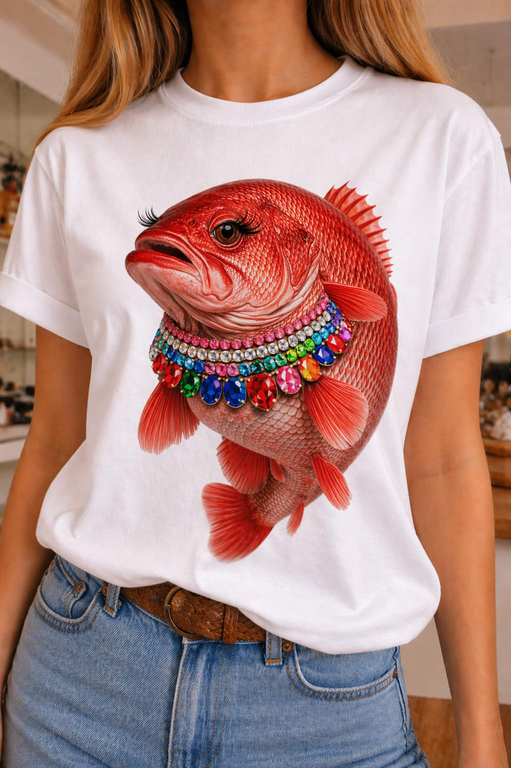 Jeweled Collar Red Snapper on White Crew