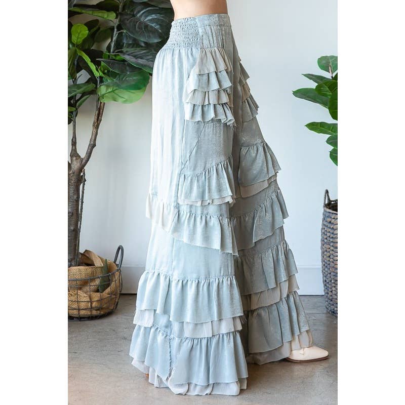 LAYERED RUFFLE PATCHED WIDE LEG PANTS