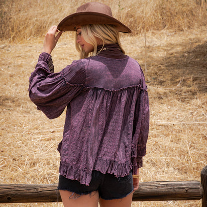 Dreamy Sheer V-Neck Ruffled Button-Front Top