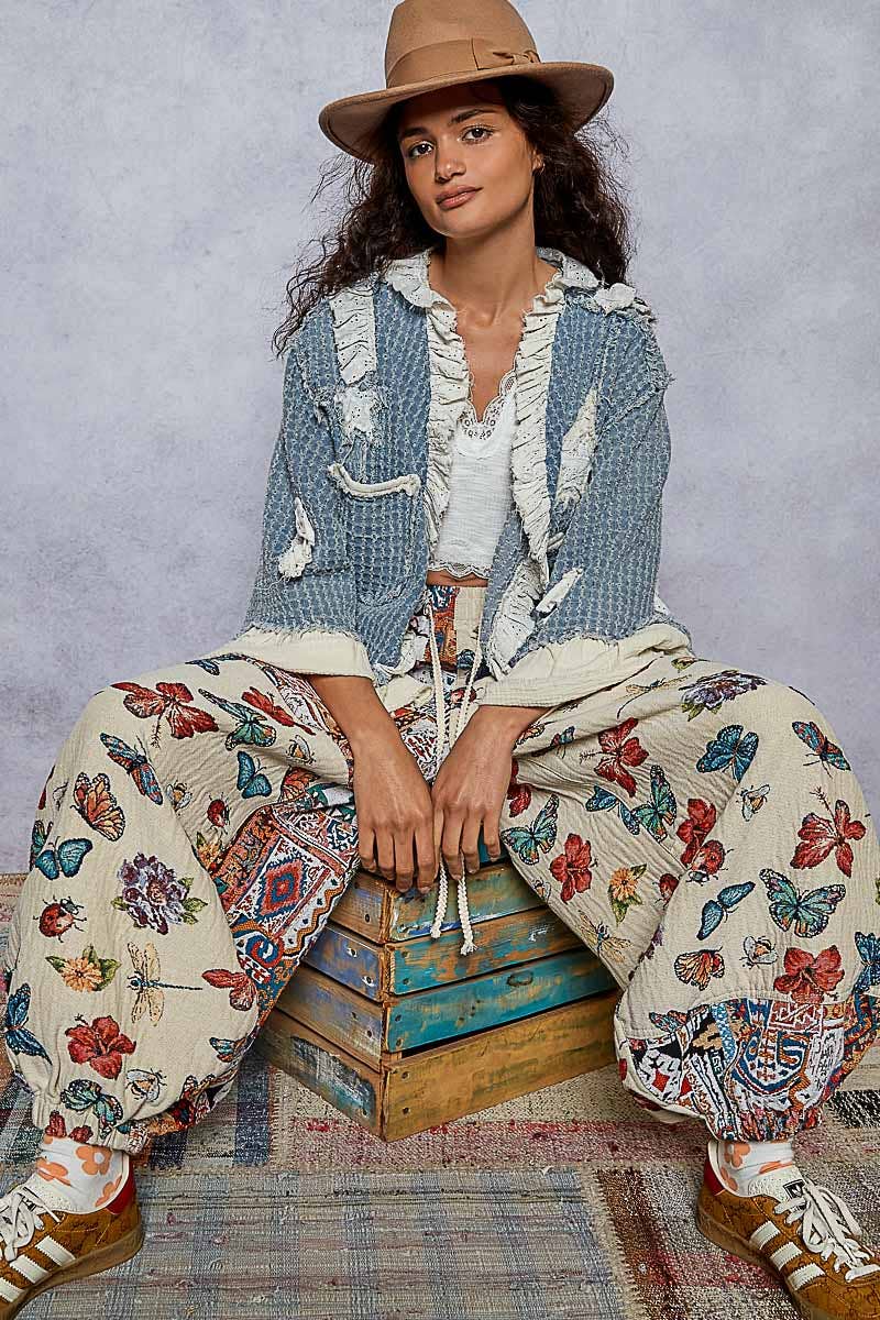 3/4 sleeve double gauze ruffle star denim woven jacket