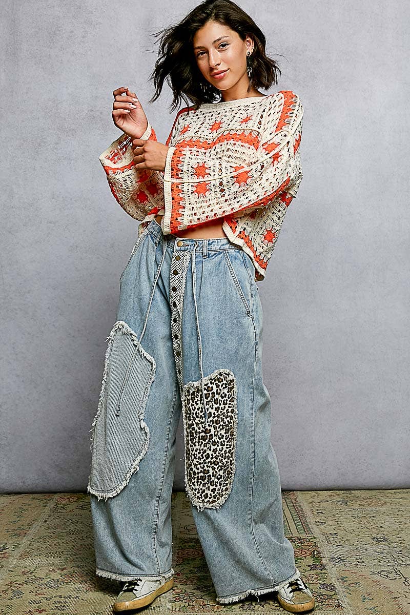 Orange and Cream Granny Square Long Sleeve Crochet Top