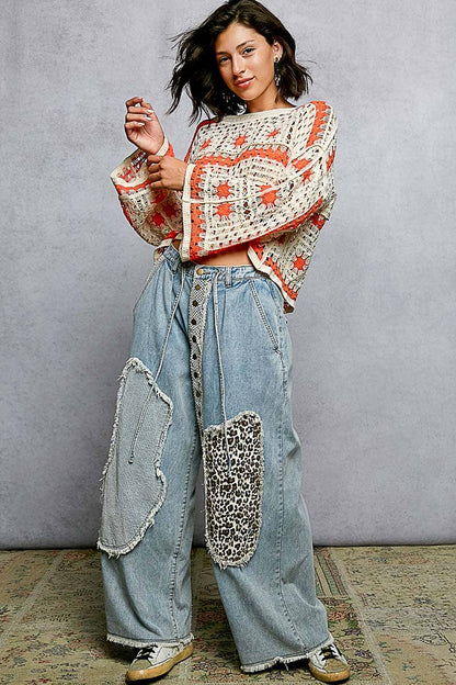 Orange and Cream Granny Square Long Sleeve Crochet Top