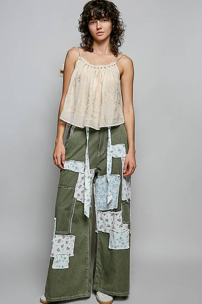 Embroidered Shirred Spangle Tassel Tie Sleeveless Top