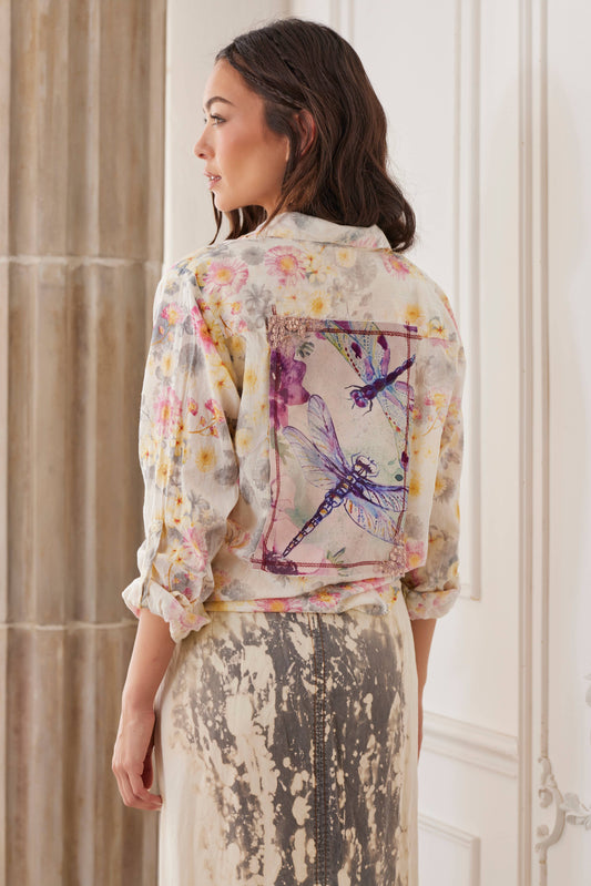 FLORAL PRINT VOILE SHIRT W/ DRAGONFLY BACKPATCH