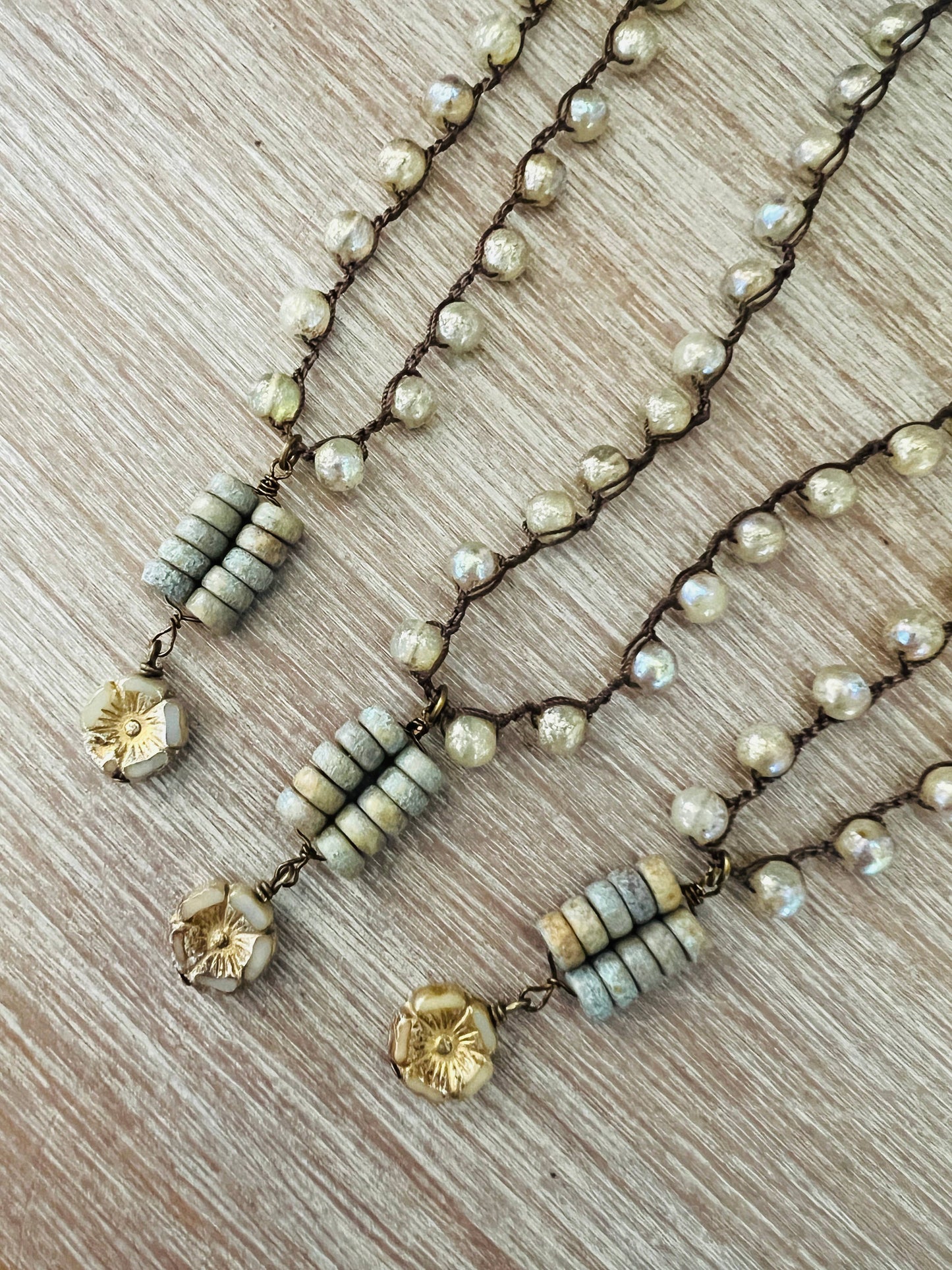 Rustic Ivory Ladder Drop Necklace and Knotted Mercury Glass