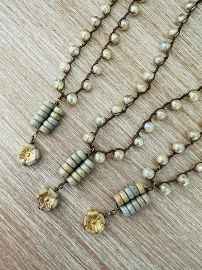 Rustic Ivory Ladder Drop Necklace and Knotted Mercury Glass