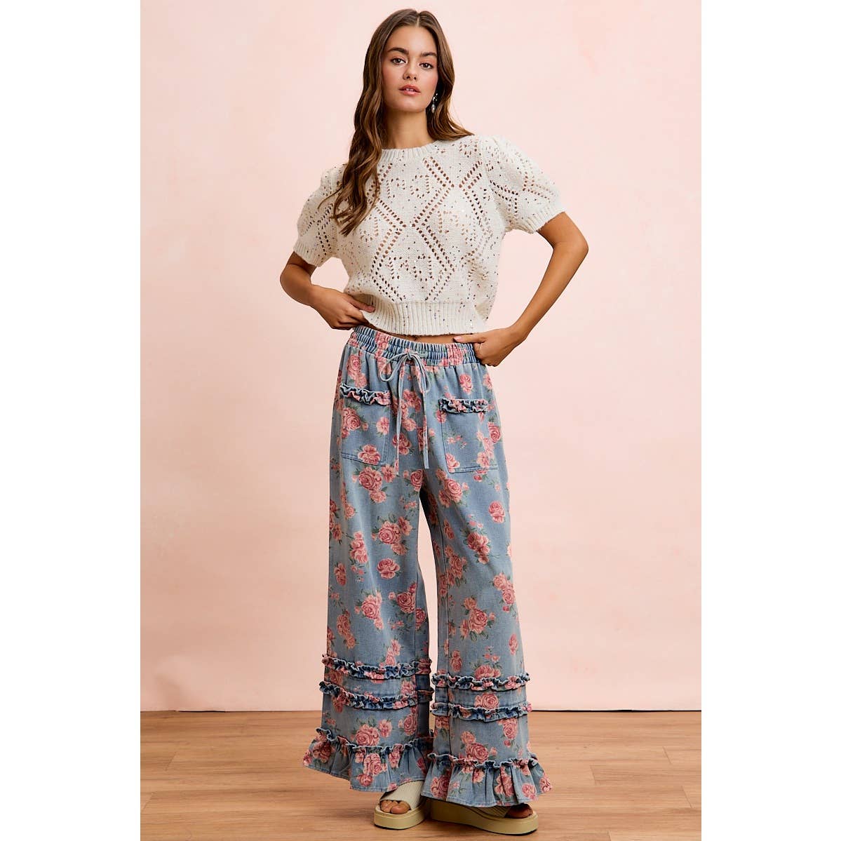 WASHED FLORAL DENIM WITH RUFFLE ELASTIC WIDE PANTS
