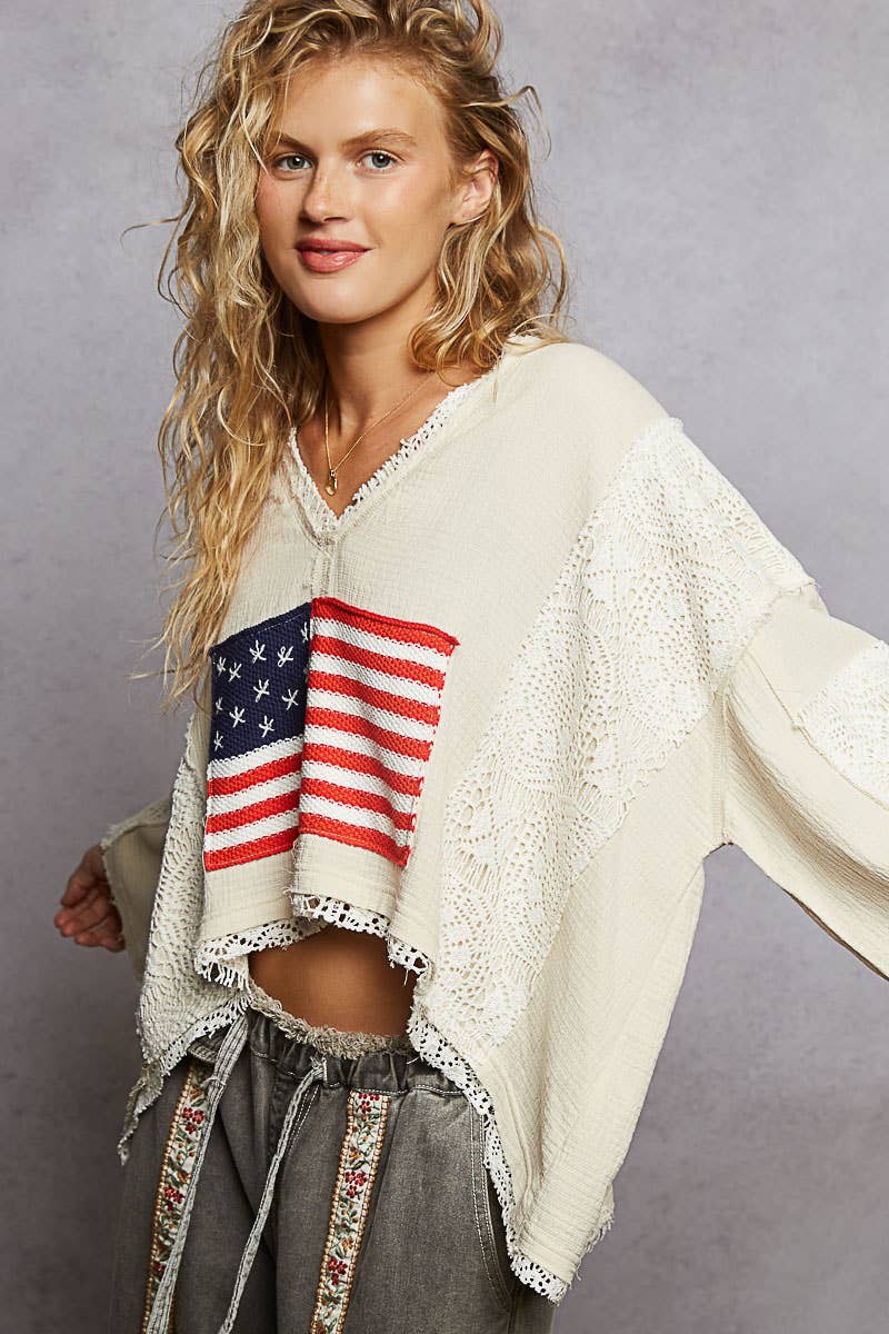 3/4 sleeve double gauze American flag sweater woven top