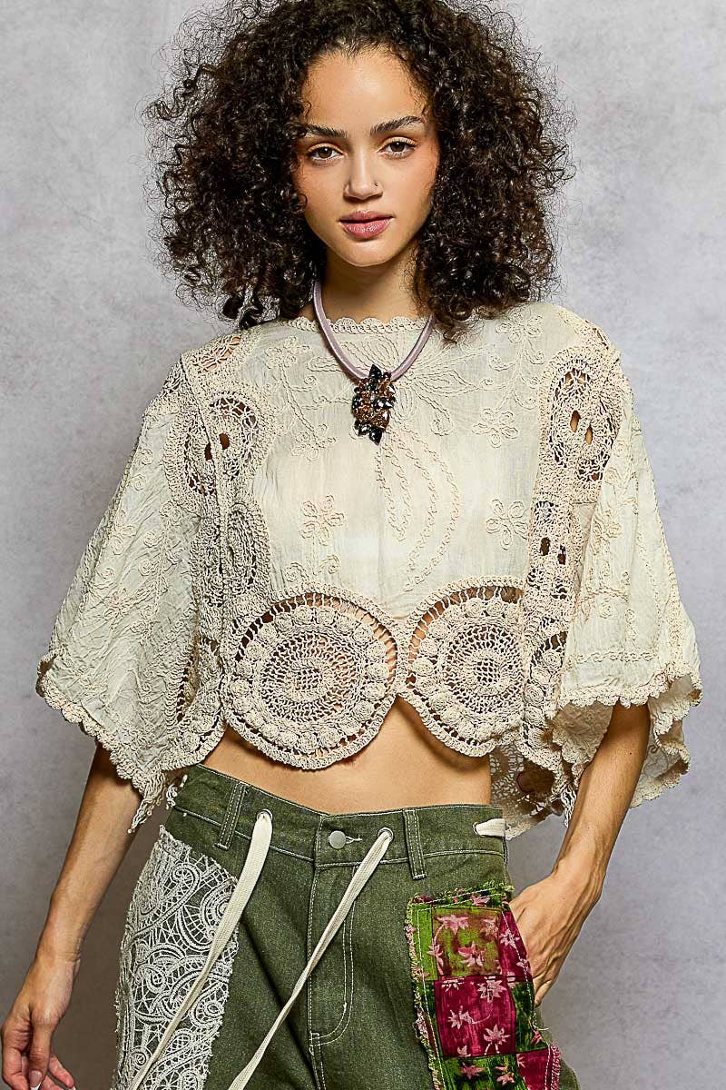 Scalloped knitted border Round Neck Crochet 3/4 Sleeve Top