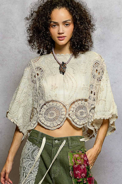 Scalloped knitted border Round Neck Crochet 3/4 Sleeve Top