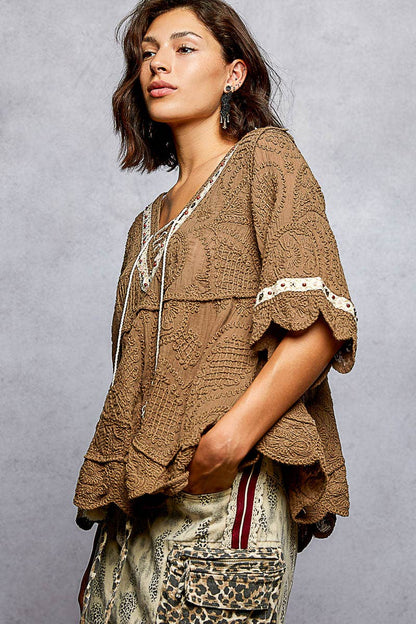 Short Sleeve Adjustable Drawstring Crochet V Neck Top