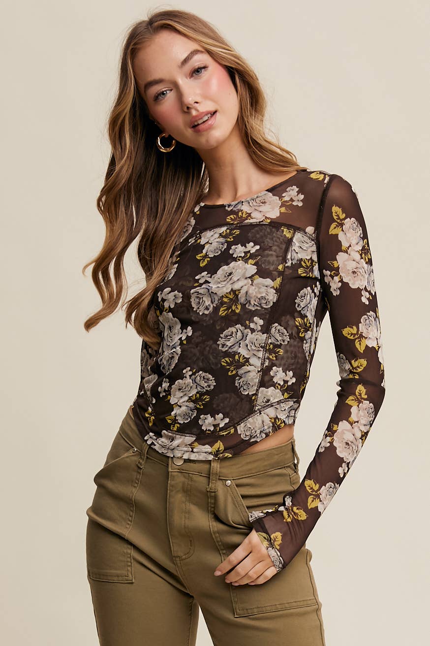 Floral Mesh Long Sleeve Layering Top