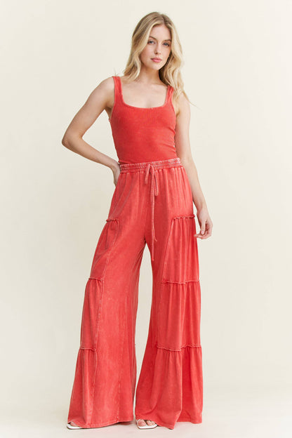 Mineral Washed Tiered Wide Leg Pants