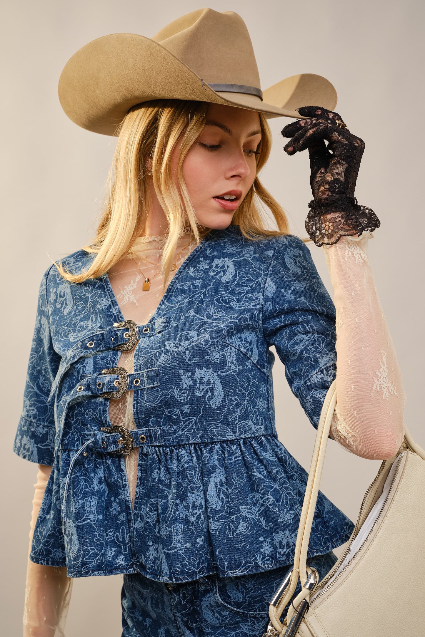 Western Horse Print Peplum Buckle Denim Top