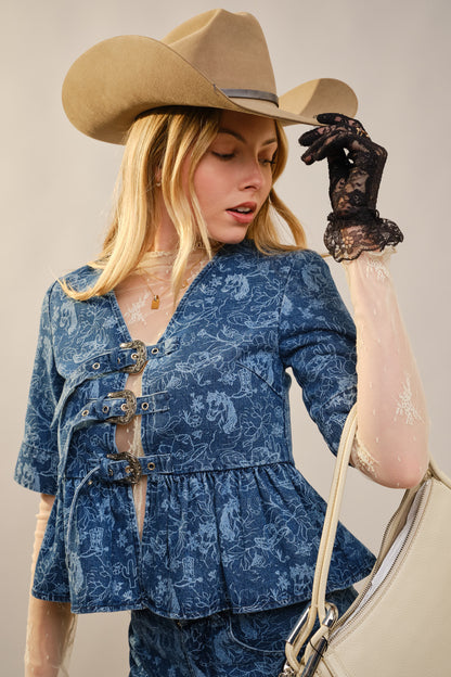 Western Horse Print Peplum Buckle Denim Top