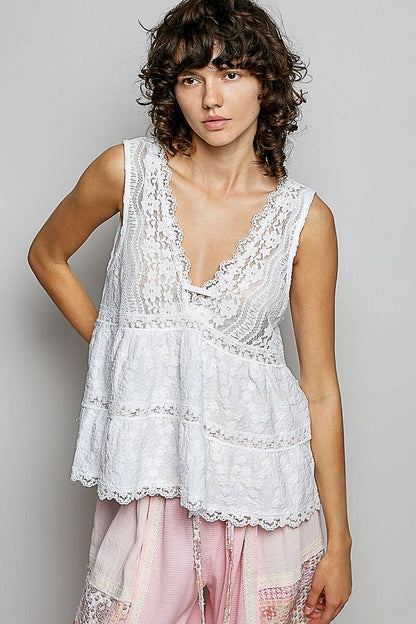 Sleeveless Deep V-neck Lace Trim Knit Top