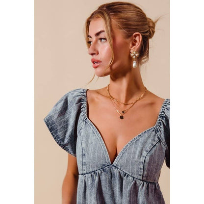 WASHED STRIPE DENIM BABYDOLL TOP WITH BACK OPENING