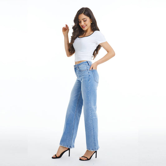 MID RISE WIDE LEG JEANS WITH FINISHED HEM