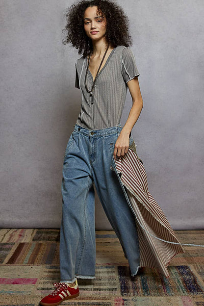 American flag wrapping raw edge camo/solid woven wide pants